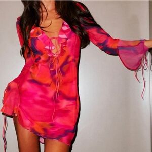 Showpo Alesya Red Purple Long Sleeve Mini Sexy Dress Adeana Print 14